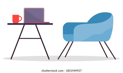 Modern cozy workplace flat design. Soft blue low chair and office desk with a laptop and cup isolated on white background. Furniture and equipment for the workplace of an employee or office worker