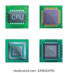 Moderne CPU-Icons setzen Cartoon-Vektorgrafik. Zentraler Computerprozessor. Digitaltechnik