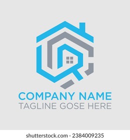 modern CR letter real estate logo in linear style with simple roof building in blue, CR logo initial letter design template vector for real estate industry, CR Real Estate Initial Letter Logo Vector.