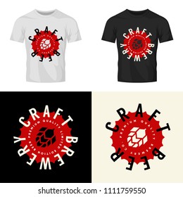 Modern craft beer drink isolated vector logo sign for bar, pub, brewery or brewhouse. Premium quality bottle cap logotype tee print badge illustration. Brewing fest fashion t-shirt emblem design set.