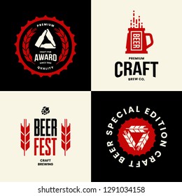 Modern craft beer drink isolated vector logo sign for bar, pub, store, brewhouse or brewery. Premium quality mug and bottle logotype emblem illustration set. Brewing fest t-shirt badge design bundle.