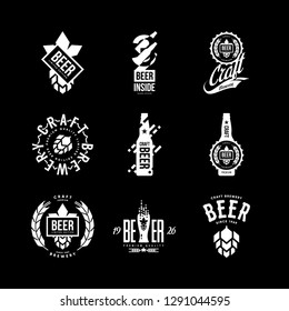 Modern craft beer drink isolated vector logo sign for bar, pub, store, brewhouse or brewery. Premium quality bottle and glass logotype emblem illustration set. Brewing fest t-shirt badge design bundle