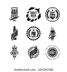 Modern craft beer drink isolated vector logo sign for bar, pub, store, brewhouse or brewery. Premium quality bottle, barrel logotype emblem illustration set. Brewing fest t-shirt badge design bundle.