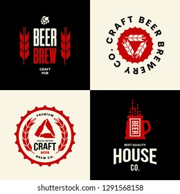 Modern craft beer drink isolated vector logo sign for bar, pub, store, brewhouse or brewery. Premium quality mug and bottle logotype emblem illustration set. Brewing fest t-shirt badge design bundle.