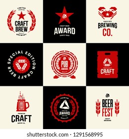 Modern craft beer drink isolated vector logo sign for bar, pub, store, brewhouse or brewery. Premium quality mug, barrel, keg logotype emblem illustration set. Brewing fest t-shirt badge design bundle