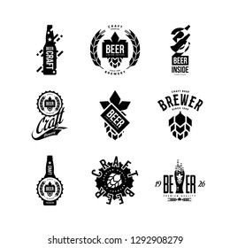 Modern craft beer drink isolated vector logo sign for bar, pub, store, brewhouse or brewery. Premium quality bottle and glass logotype emblem illustration set. Brewing fest t-shirt badge design bundle