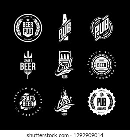 Modern craft beer drink isolated vector logo sign for bar, pub, store, brewhouse or brewery. Premium quality bottle, barrel logotype emblem illustration set. Brewing fest t-shirt badge design bundle.