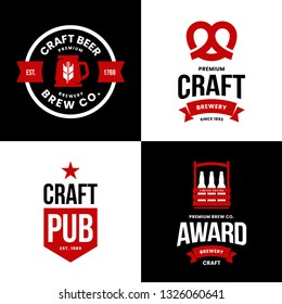 Modern craft beer drink isolated vector logo sign for bar, pub, store, brewhouse or brewery. Premium quality box, mug and pretzel logotype illustration set. Brewing fest t-shirt badge design bundle.