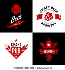 Modern craft beer drink isolated vector logo sign for bar, pub, store, brewhouse or brewery. Premium quality manufacturing and hop logotype illustration set. Brewing fest t-shirt badge design bundle.