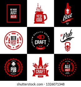 Modern craft beer drink isolated vector logo sign for bar, pub, store, brewhouse or brewery. Premium quality mug, hop, bottle logotype emblem illustration set. Brewing fest t-shirt badge design bundle