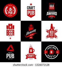 Modern craft beer drink isolated vector logo sign for bar, pub, store, brewhouse or brewery. Premium quality mug, keg, bottle logotype emblem illustration set. Brewing fest t-shirt badge design bundle