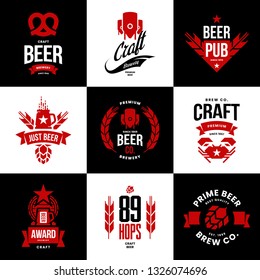 Modern craft beer drink isolated vector logo sign for bar, pub, store, brewhouse or brewery. Premium quality crab, pretzel logotype emblem illustration set. Brewing fest t-shirt badge design bundle.