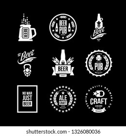 Modern craft beer drink isolated vector logo sign for bar, pub, store, brewhouse or brewery. Premium quality mug, hop, bottle logotype emblem illustration set. Brewing fest t-shirt badge design bundle