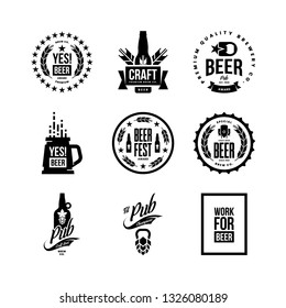 Modern craft beer drink isolated vector logo sign for bar, pub, store, brewhouse or brewery. Premium quality mug, hop, bottle logotype emblem illustration set. Brewing fest t-shirt badge design bundle