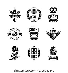 Modern craft beer drink isolated vector logo sign for bar, pub, store, brewhouse or brewery. Premium quality crab, pretzel logotype emblem illustration set. Brewing fest t-shirt badge design bundle.