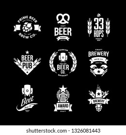 Modern craft beer drink isolated vector logo sign for bar, pub, store, brewhouse or brewery. Premium quality crab, pretzel logotype emblem illustration set. Brewing fest t-shirt badge design bundle.