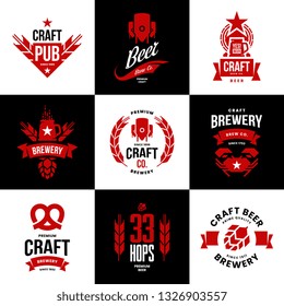 Modern craft beer drink isolated vector logo sign for bar, pub, store, brewhouse or brewery. Premium quality crab, pretzel logotype emblem illustration set. Brewing fest t-shirt badge design bundle.