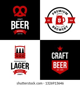 Modern craft beer drink isolated vector logo sign for bar, pub, store, brewhouse or brewery. Premium quality box, mug and pretzel logotype illustration set. Brewing fest t-shirt badge design bundle.