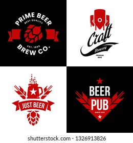 Modern craft beer drink isolated vector logo sign for bar, pub, store, brewhouse or brewery. Premium quality manufacturing and hop logotype illustration set. Brewing fest t-shirt badge design bundle.
