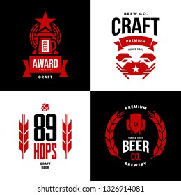 Modern craft beer drink isolated vector logo sign for bar, pub, store, brewhouse or brewery. Premium quality manufacturing and crab logotype illustration set. Brewing fest t-shirt badge design bundle.