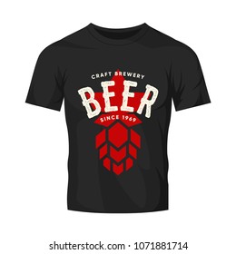 Modern craft beer drink vector logo sign for bar, pub or tavern, isolated on black t-shirt mock up. Premium quality hop logotype tee print badge illustration. Brewing fest fashion emblem design.