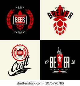 Modern craft beer drink vector isolated logo sign for bar, pub, brewery or brewhouse. Premium quality bottle logotype tee print badge illustration. Brewing fest fashion t-shirt emblem design set.