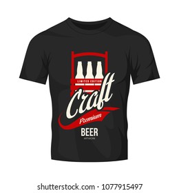 Modern craft beer drink vector logo sign for brewery, pub, brewhouse or bar isolated on dark t-shirt mock up. Premium quality bottle box logotype tee print badge illustration. Brewing fest fashion emb