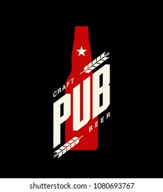 Señal de logo vectorial de cerveza artesanal para bar, pub o cervecería, aislada en un fondo oscuro. Ilustración de la placa de impresión del logotipo de la botella de primera calidad. Diseño de emblema de moda y pantalones.