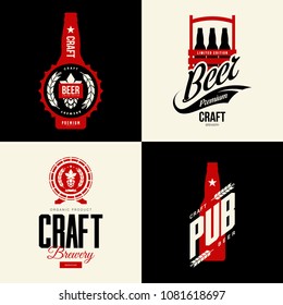 Modern craft beer drink vector isolated logo sign for bar, pub, brewery or brewhouse. Premium quality organic logotype tee print badge illustration. Brewing fest fashion t-shirt emblem design set.