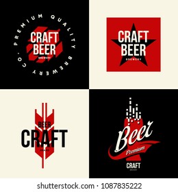 Modern craft beer drink vector isolated logo sign for bar, pub, brewery or brewhouse. Premium quality organic logotype tee print badge illustration. Brewing fest fashion t-shirt emblem design set.