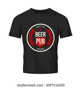Modern craft beer drink vector logo sign for bar, pub, brewhouse or brewery isolated on black t-shirt mock up. Premium quality logotype tee print illustration. Brewing fest fashion round badge design.
