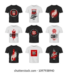Modern craft beer drink vector logo sign for bar, pub, brewery or brewhouse isolated on t-shirt mock up. Premium quality bottle logotype tee print illustration. Brewing fest fashion emblem design set.