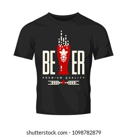 Modern craft beer drink vector logo sign for bar, pub or tavern, isolated on black t-shirt mock up. Premium quality hop logotype tee print badge illustration. Brewing fest fashion emblem design.