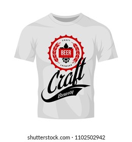 Modern craft beer drink vector logo sign for brewery, pub, brewhouse or bar isolated on white t-shirt mock up. Premium quality logotype tee print badge illustration. Brewing fest fashion emblem design