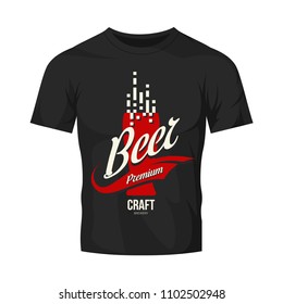 Modern craft beer drink vector logo sign for bar, pub or tavern, isolated on dark t-shirt mock up. Premium quality glass logotype tee print badge illustration. Brewing fest fashion emblem design.