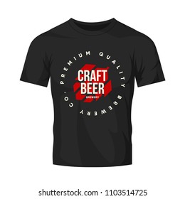 Modern craft beer drink vector logo sign for bar, pub or tavern, isolated on dark t-shirt mock up. Premium quality hop logotype tee print badge illustration. Brewing fest fashion round emblem design.