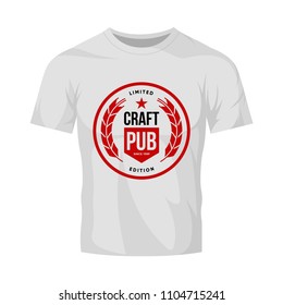 Modern craft beer drink vector logo sign for bar, pub, brewhouse or brewery isolated on white t-shirt mock up. Premium quality logotype tee print illustration. Brewing fest fashion round badge design.