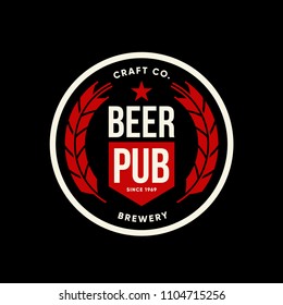 Modern craft beer drink vector logo sign for bar, pub, brewhouse or brewery isolated on dark. Premium quality logotype tee print badge illustration. Brewing fest fashion t-shirt emblem design.