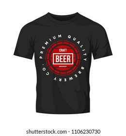 Modern craft beer drink vector logo sign for bar, pub or tavern, isolated on white t-shirt mock up. Premium quality barrel logotype tee print badge illustration. Brewing fest fashion emblem design.