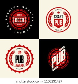 Modern craft beer drink vector isolated logo sign for bar, pub, brewery or brewhouse. Premium quality organic logotype tee print badge illustration. Brewing fest fashion t-shirt emblem design set.