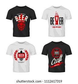 Modern craft beer drink vector logo sign for bar, pub, brewery or brewhouse isolated on t-shirt mock up. Premium quality organic logotype tee print illustration. Brewing fest fashion emblem design set