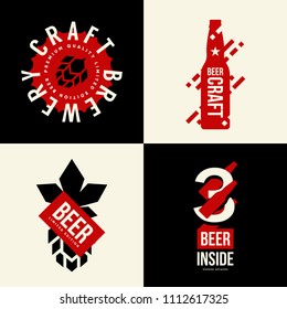 Modern craft beer drink vector isolated logo sign for bar, pub, brewery or brewhouse. Premium quality bottle logotype tee print badge illustration. Brewing fest fashion t-shirt emblem design set.