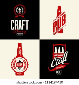 Modern craft beer drink vector isolated logo sign for bar, pub, brewery or brewhouse. Premium quality organic logotype tee print badge illustration. Brewing fest fashion t-shirt emblem design set.