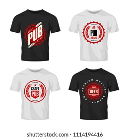 Modern craft beer drink vector logo sign for bar, pub, brewery or brewhouse isolated on t-shirt mock up. Premium quality organic logotype tee print illustration. Brewing fest fashion emblem design set