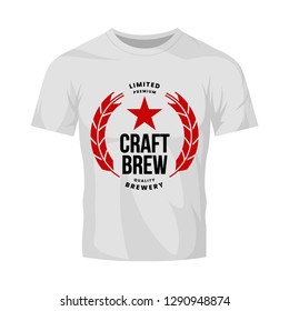 Modern craft beer drink vector logo sign for bar, pub, store, brewhouse or brewery isolated on white t-shirt mock up. Premium quality logotype emblem illustration. Brewing fest fashion badge design.
