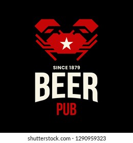 Modern craft beer drink vector logo sign for bar, pub, store, brewhouse or brewery isolated on black background. Premium quality crab logotype illustration. Brewing fest fashion t-shirt badge design.