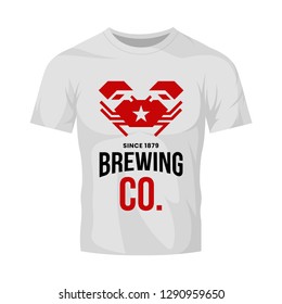 Modern craft beer drink vector logo sign for bar, pub, store, brewhouse or brewery isolated on white t-shirt mock up. Premium quality crab logotype illustration. Brewing fest fashion badge design.