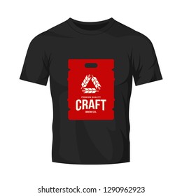 Modern craft beer drink vector logo sign for bar, pub, store, brewhouse or brewery isolated on black t-shirt mock up. Premium quality keg logotype illustration. Brewing fest fashion badge design.