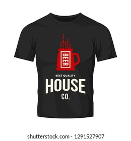 Modern craft beer drink vector logo sign for bar, pub, store, brewhouse or brewery isolated on black t-shirt mock up. Premium quality mug logotype illustration. Brewing fest fashion badge design.