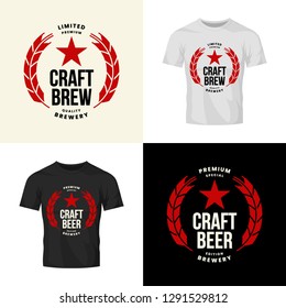 Modern craft beer drink vector logo sign for bar, pub, store, brewhouse or brewery isolated on t-shirt mock up. Premium quality logotype emblem illustration set. Brewing fest badge design bundle.